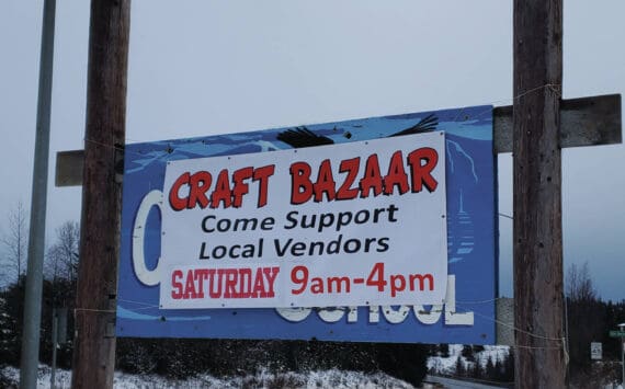 A banner advertises the “Last-Chance” Craft Bazaar, held in the Chapman School gym on Saturday, Dec. 21<ins>, 2024,</ins> in Anchor Point<ins>, Alaska</ins>. (Delcenia Cosman/Homer News)