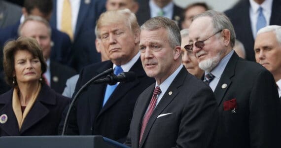 U.S. Sen. Dan Sullivan, R-Alaska, addresses a crowd with President-elect Donald Trump present. (Photo from U.S. Sen. Dan Sullivan’s office)