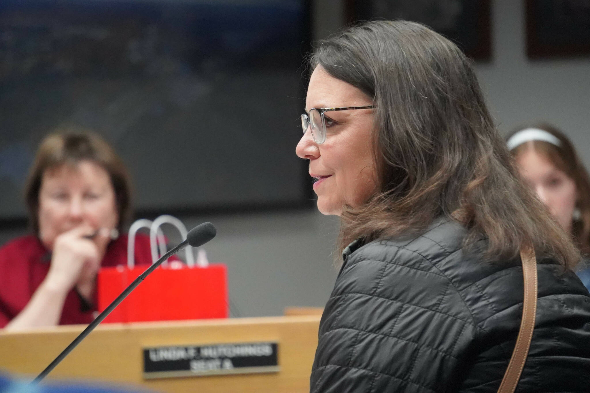 Lisa Gabriel, a member of the Kenai Peninsula Fishermen’s Association Board of Directors, speaks to the Soldotna City Council in Soldotna, Alaska, on Wednesday, Dec. 18, 2024. (Jake Dye/Peninsula Clarion)