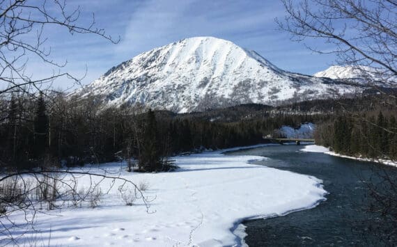 The Sterling Highway crosses the Kenai River near the Russian River Campground on March 15, 2020, near Cooper Landing, Alaska. (Jeff Helminiak/Peninsula Clarion)