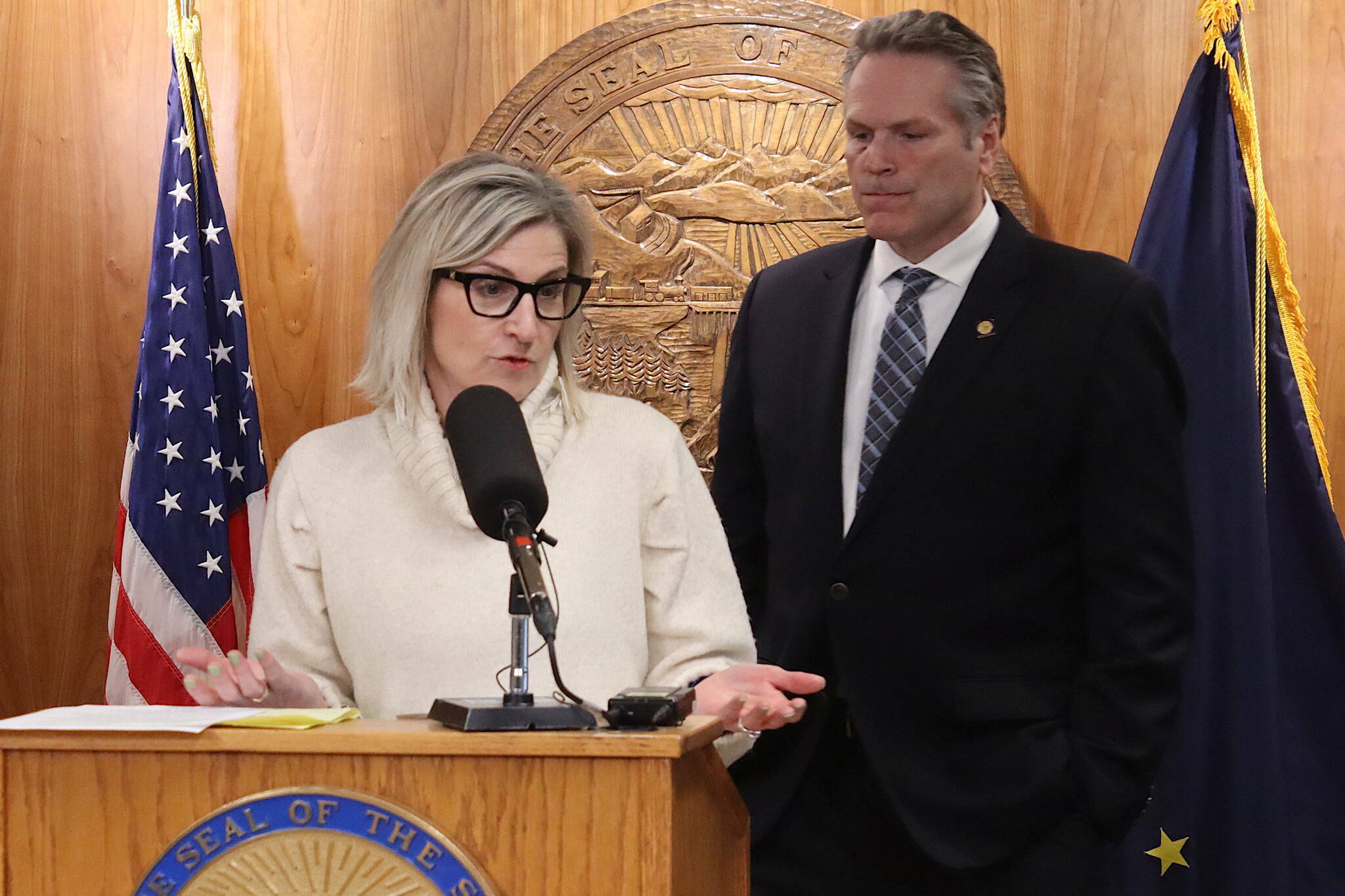 Alaska Department of Education and Early Development Commissioner Deena Bishop and Gov. Mike Dunleavy discuss his veto of an education bill during a press conference March 15, 2024, at the Alaska State Capitol. (Mark Sabbatini / Juneau Empire file photo)