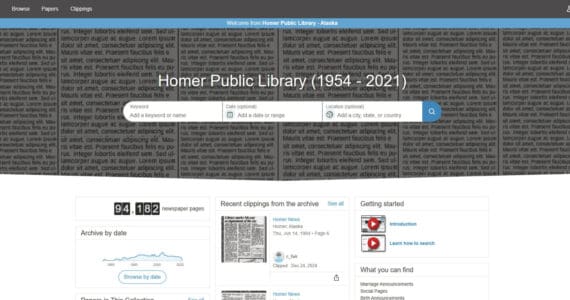 Screenshot image for the new searchable newspapers.com system available at Homer Public Library.  Image provided by Dave Berry.