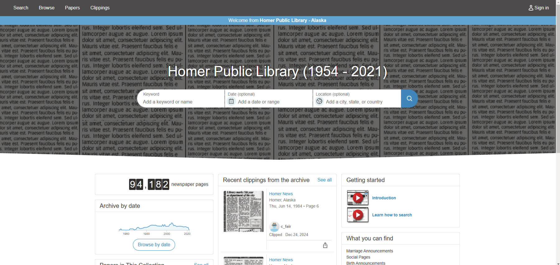 Screenshot image for the new searchable newspapers.com system available at Homer Public Library.  Image provided by Dave Berry.