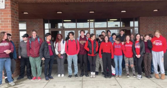 Photo by Emilie Springer/Homer News
Homer High School students who joined schools from around the state in a high school walkout pose near the end of the event, on Thursday, April 4, 2024, in Homer, Alaska. Not all students who attended the event are in the image.