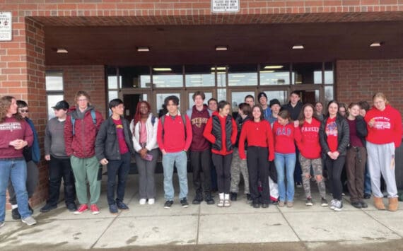 Photo by Emilie Springer/Homer News
Homer High School students who joined schools from around the state in a high school walkout pose near the end of the event, on Thursday, April 4, 2024, in Homer, Alaska. Not all students who attended the event are in the image.