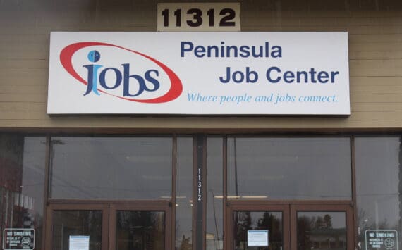 The entrance to the Kenai Peninsula Job Center is seen here in Kenai, Alaska, on April 15, 2020. (Photo by Brian Mazurek/Peninsula Clarion)