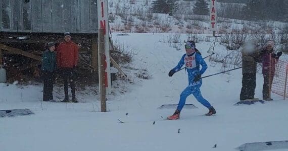 Soldotna’s Ariana Cannava win the girls race at the Homer Skiathlon on Friday, Jan. 3, 2025, at Ohlson Mountain just outside of Homer, Alaska. (Photo provided)