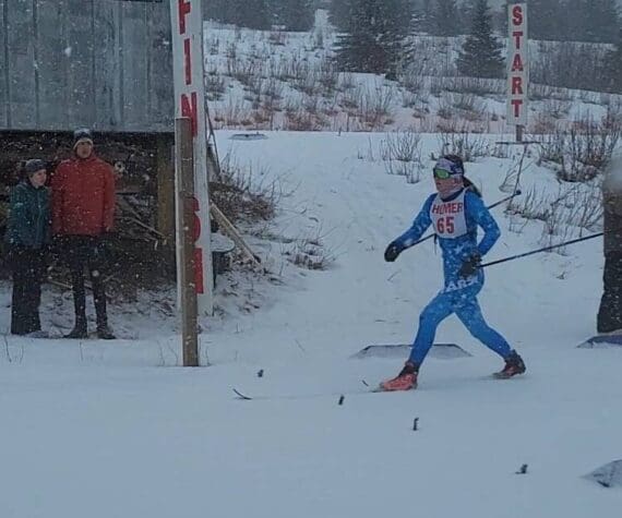 Soldotna’s Ariana Cannava win the girls race at the Homer Skiathlon on Friday, Jan. 3, 2025, at Ohlson Mountain just outside of Homer, Alaska. (Photo provided)