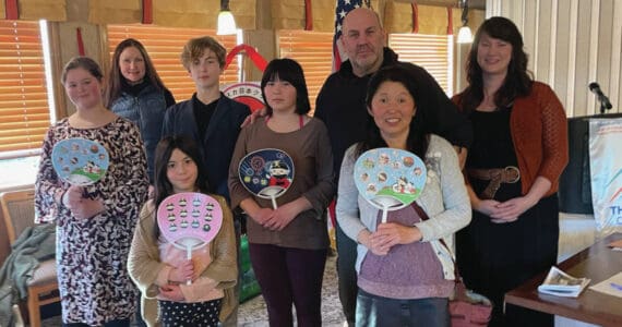 Emilie Springer/ Homer News
Members of the Alaska Japanese Club of Homer and supporters at the Bidarka Hotel last Thursday. Front row from left: Elayna Wilson, Sei Beams, Rei Beams and Megumi Beams. Back row from left: Letha Straley, Finn Brewer, David Beams and Sarah Brewer.