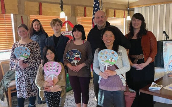 Emilie Springer/ Homer News
Members of the Alaska Japanese Club of Homer and supporters at the Bidarka Hotel last Thursday. Front row from left: Elayna Wilson, Sei Beams, Rei Beams and Megumi Beams. Back row from left: Letha Straley, Finn Brewer, David Beams and Sarah Brewer.