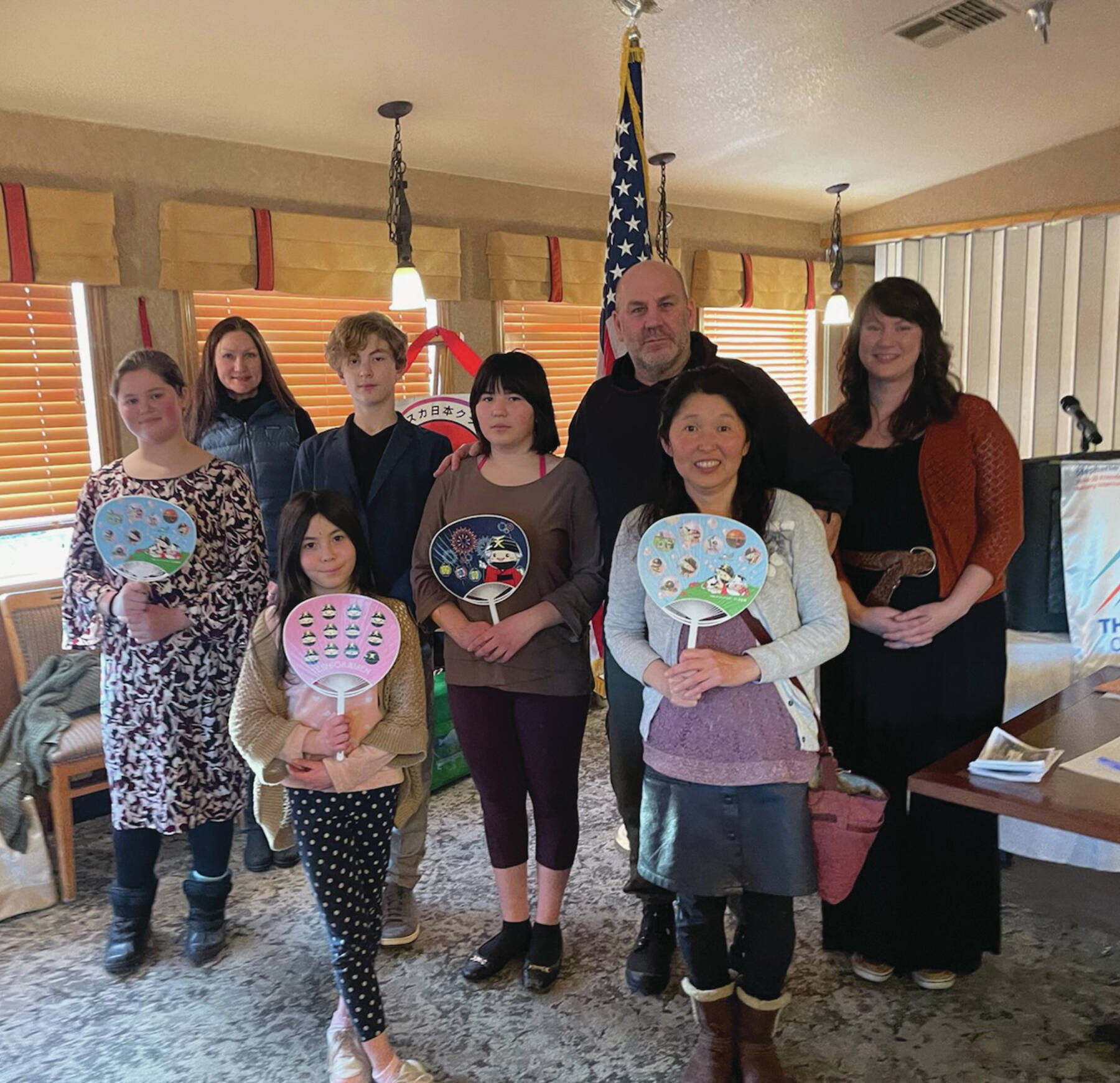 Emilie Springer/ Homer News
Members of the Alaska Japanese Club of Homer and supporters at the Bidarka Hotel last Thursday. Front row from left: Elayna Wilson, Sei Beams, Rei Beams and Megumi Beams. Back row from left: Letha Straley, Finn Brewer, David Beams and Sarah Brewer.