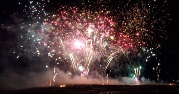 Fireworks light up Mariner Park during the seventh annual crowdfunded New Year's Eve Fireworks Fantastical on Tuesday, Dec. 31, 2024, on the Homer Spit in Homer, Alaska. (Delcenia Cosman/Homer News)