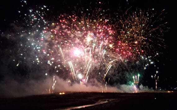 Fireworks light up Mariner Park during the seventh annual crowdfunded New Year's Eve Fireworks Fantastical on Tuesday, Dec. 31, 2024, on the Homer Spit in Homer, Alaska. (Delcenia Cosman/Homer News)