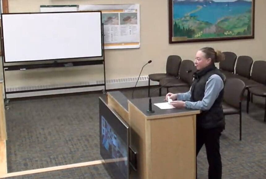 <p>Breezy Berryman addresses the Homer Planning Commission during the public hearing portion of their regular meeting on Jan. 2, 2025, in the Homer City Hall Cowles Council Chambers in Homer, Alaska. Screenshot.</p>