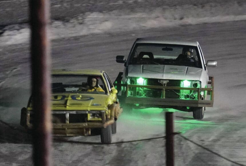 <p>Jake Dye/Peninsula Clarion</p>
                                <p>Racers vie for the lead in the second race of the Kenai Peninsula Ice Racing season at Twin City Raceway in Kenai on Tuesday, Dec. 31.</p>