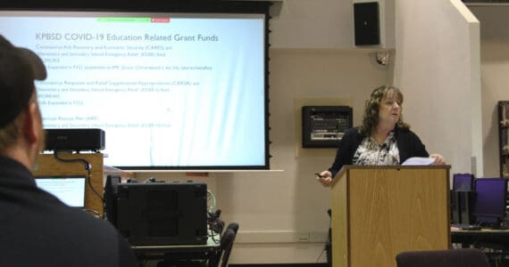 Kenai Peninsula Borough School District Finance Director Liz Hayes presents information on the district’ fiscal year 2024 budget at Kenai Central High School on Wednesday, February 15, 2023 in Kenai, Alaska. (Ashlyn O’Hara/Peninsula Clarion)