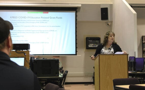 Kenai Peninsula Borough School District Finance Director Liz Hayes presents information on the district’ fiscal year 2024 budget at Kenai Central High School on Wednesday, February 15, 2023 in Kenai, Alaska. (Ashlyn O’Hara/Peninsula Clarion)