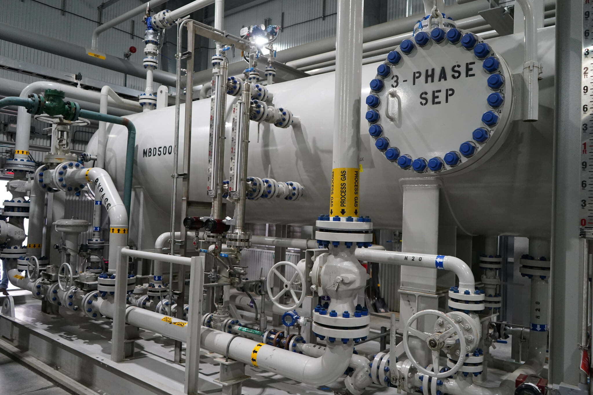 Natural gas processing equipment is seen at Furie Operating Alaska’s central processing facility in Nikiski, Alaska, on Wednesday, July 10, 2024. (Jake Dye/Peninsula Clarion)