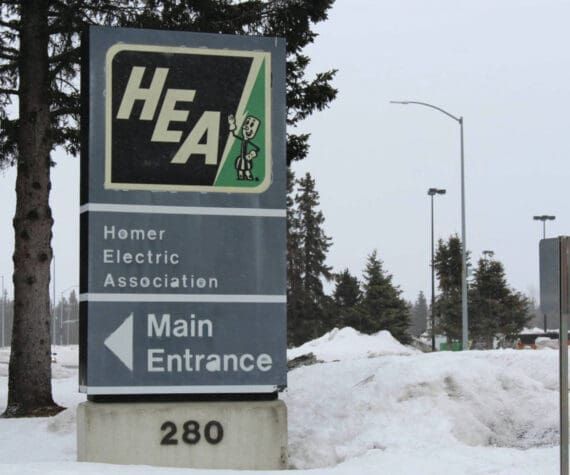 The sign in front of the Homer Electric Association building in Kenai, Alaska as seen on April 1, 2020. (Photo by Brian Mazurek/Peninsula Clarion)