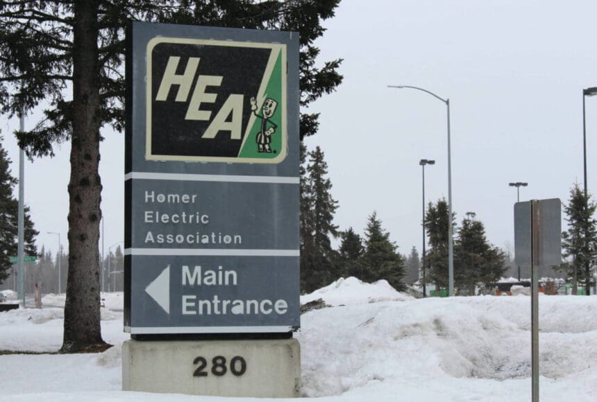 <p>The sign in front of the Homer Electric Association building in Kenai, Alaska as seen on April 1, 2020. (Photo by Brian Mazurek/Peninsula Clarion)</p>