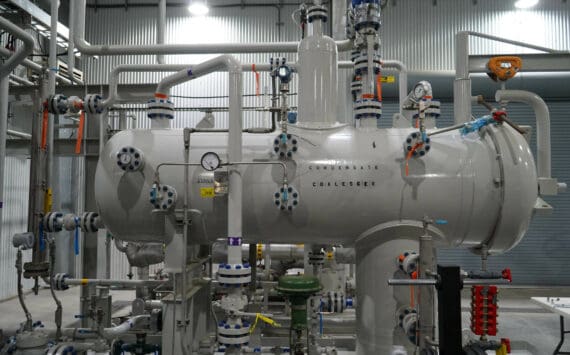 Natural gas processing equipment is seen at Furie Operating Alaska’s central processing facility in Nikiski, Alaska, on Wednesday, July 10, 2024. (Jake Dye/Peninsula Clarion)