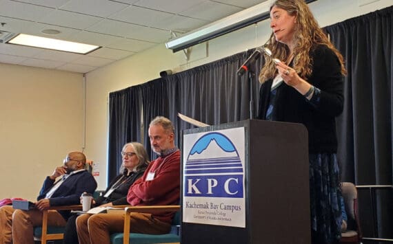 Kachemak Bay Writers’ Conference director Erin Coughlin Hollowell (right) welcomes attendees to the opening panel on Saturday, May 18, 2024 at Kachemak Bay Campus in Homer, Alaska. (Delcenia Cosman/Homer News)