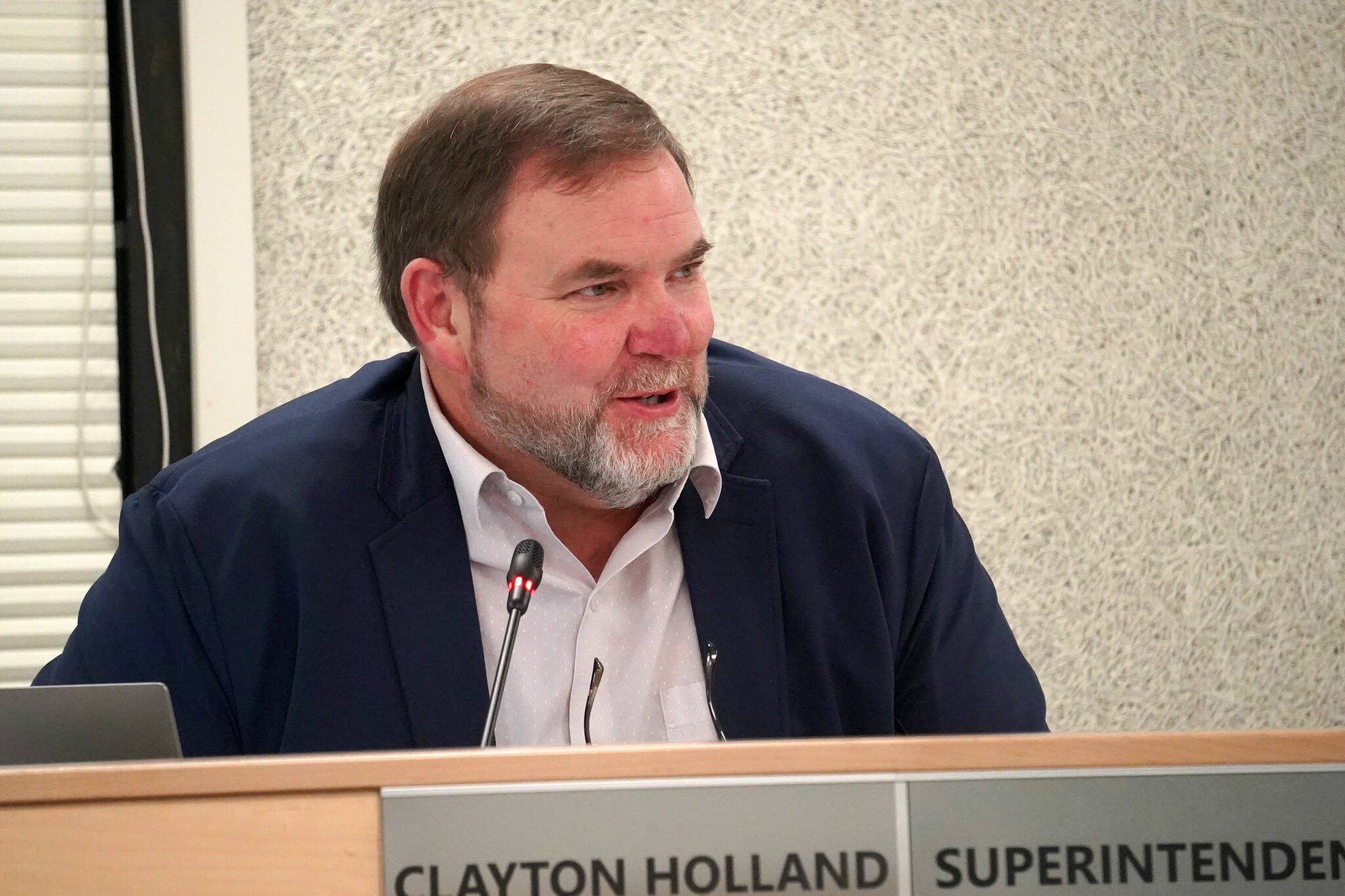 Kenai Peninsula Borough School District Superintendent Clayton Holland speaks during a meeting of the KPBSD Board of Education in Soldotna, Alaska, on Monday, Jan. 13, 2025. (Jake Dye/Peninsula Clarion)