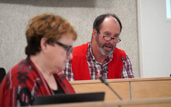 Tim Daugharty speaks during a meeting of the Kenai Peninsula Borough School District Board of Education in Soldotna, Alaska, on Monday, Jan. 13, 2025. (Jake Dye/Peninsula Clarion)