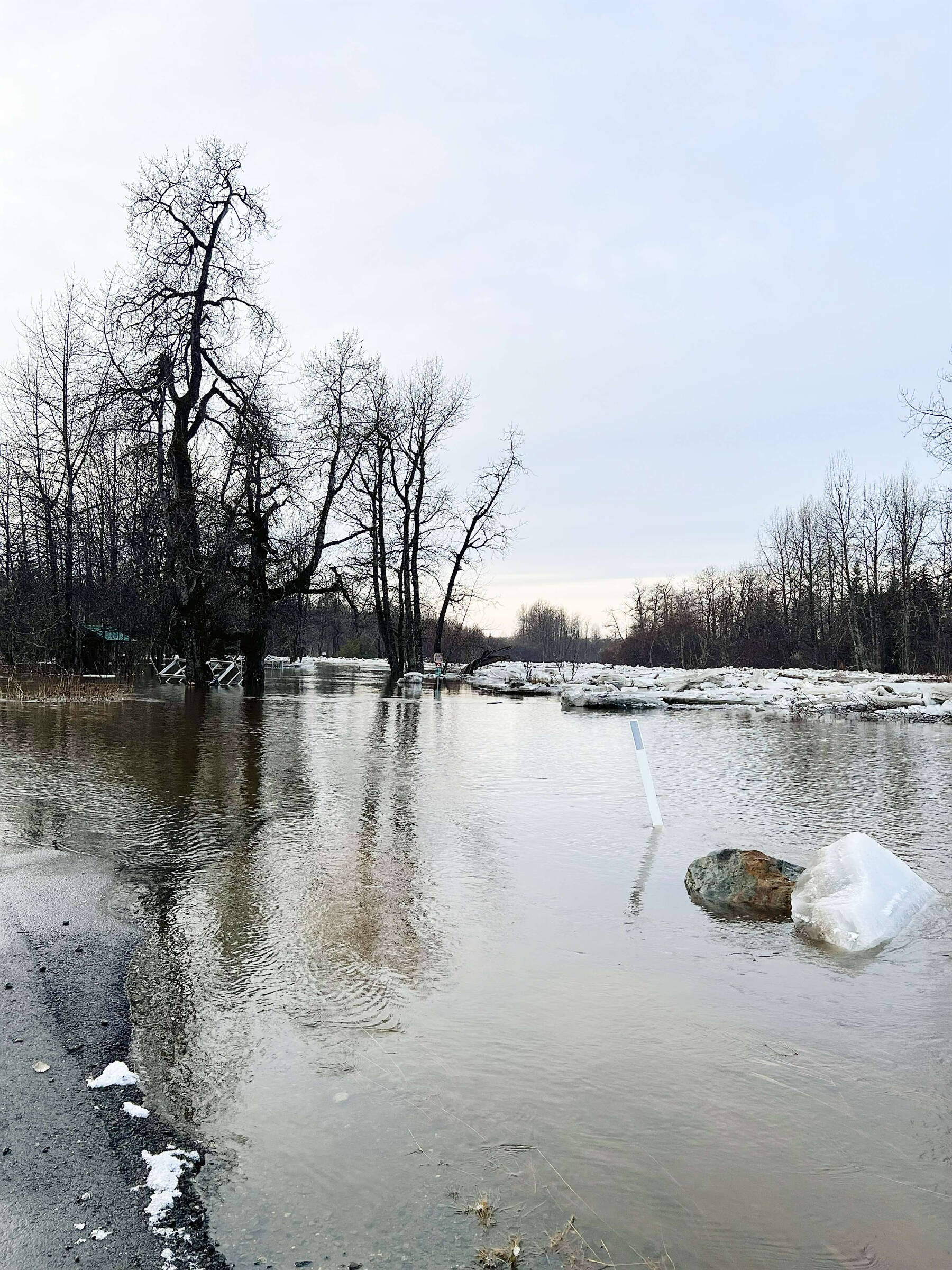 Flooding from the Anchor River reaches over campgrounds in the Anchor River State Recreation Area and Anchor Point Road on Monday, Jan. 13, 2025, in Anchor Point, Alaska. Photo courtesy of Tim Hatfield