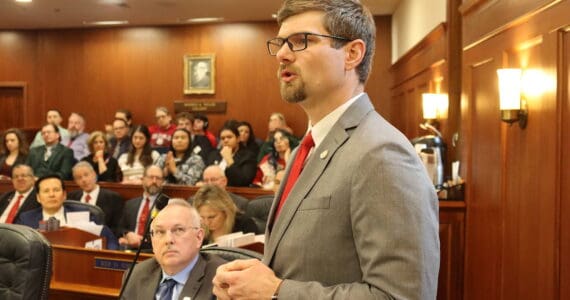 Sen. Jesse Bjorkman, a Nikiski Republican, speaks in favor of overriding a veto of Senate Bill 140 during floor debate of a joint session of the Alaska State Legislature on Monday, March 18, 2024 (Mark Sabbatini / Juneau Empire)