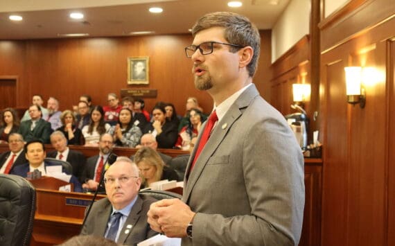 Sen. Jesse Bjorkman, a Nikiski Republican, speaks in favor of overriding a veto of Senate Bill 140 during floor debate of a joint session of the Alaska State Legislature on Monday, March 18, 2024 (Mark Sabbatini / Juneau Empire)