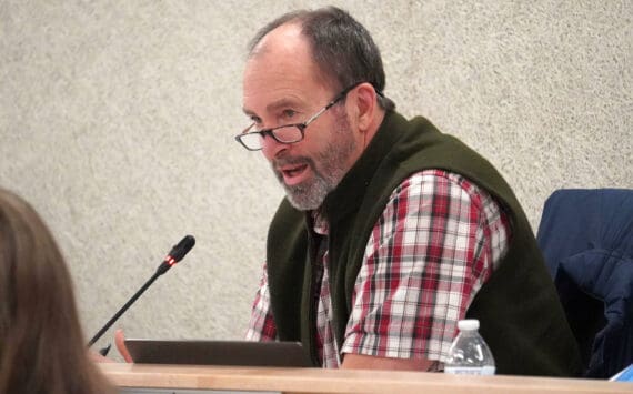 Board member Tim Daugharty speaks during a special meeting of the Kenai Peninsula Borough School District’s Board of Education in Soldotna, Alaska, on Monday, Nov. 18, 2024. (Jake Dye/Peninsula Clarion)